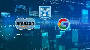 لوحة إلكترونية تظهر شعاري Google Cloud و AWS في سياق مشروع نيمبوس بإسرائيل