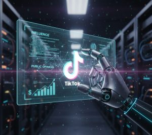شعار تيك توك يتم التحكم فيه عبر ذراع روبوتية ترمز لشراء النفوذ والسيطرة على خوارزميات تيك توك