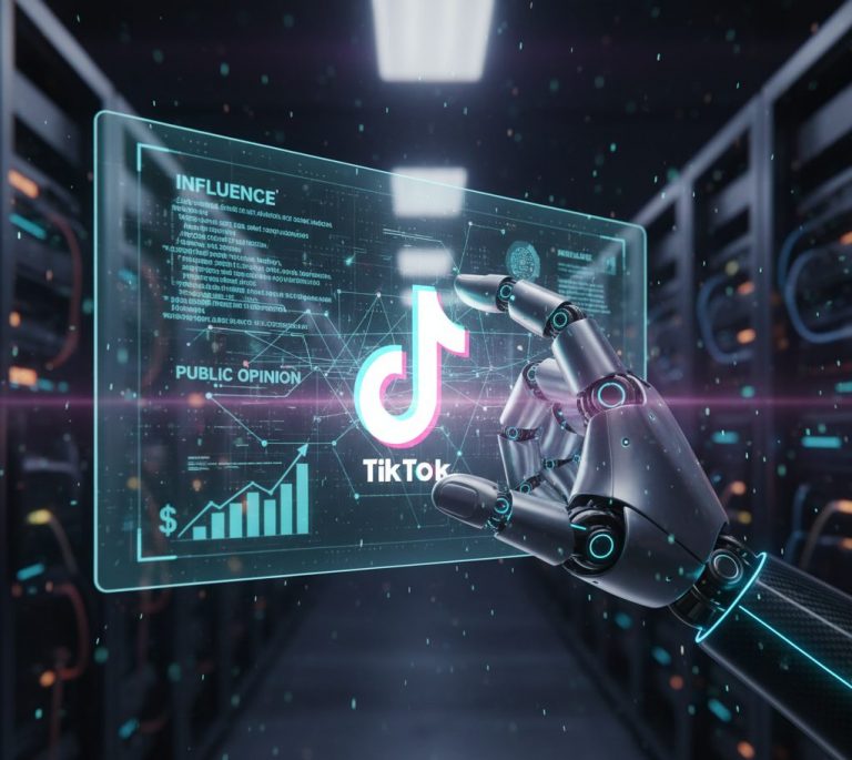 شعار تيك توك يتم التحكم فيه عبر ذراع روبوتية ترمز لشراء النفوذ والسيطرة على خوارزميات تيك توك
