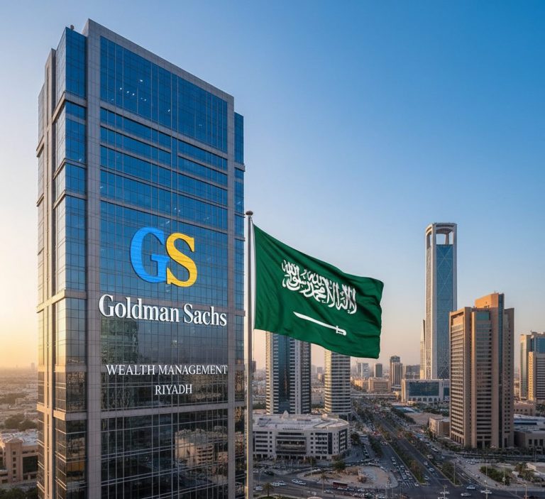 شعار غولدمان ساكس وعلم السعودية يمثلان إدارة الثروات في الرياض