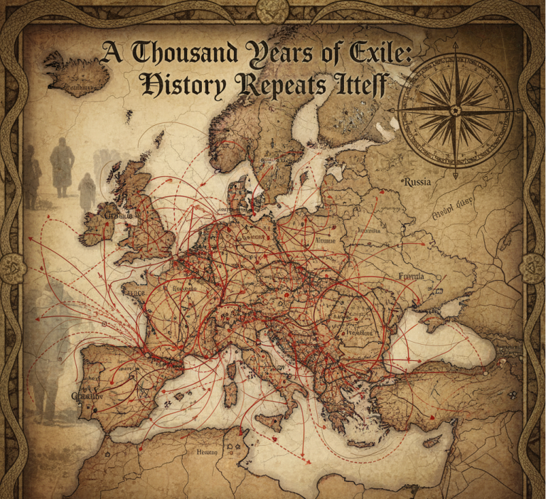 ألف عام من الطرد والتاريخ يعيد نفسه، خريطة أوروبا تظهر مسارات طرد اليهود، يرمز للتاريخ المضطرب.