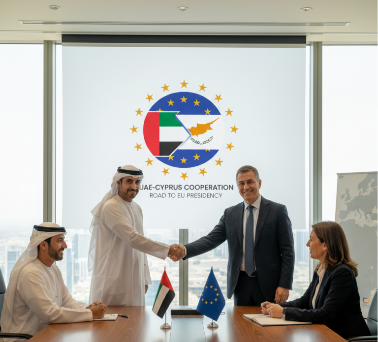 مصافحة بين مسؤولين من الإمارات وقبرص مع شعاري البلدين ترمز للتعاون في شرق المتوسط
